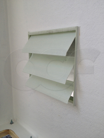 partially open ventilation shutter mounted in a fiberglass equipment shelter from Openchannelflow