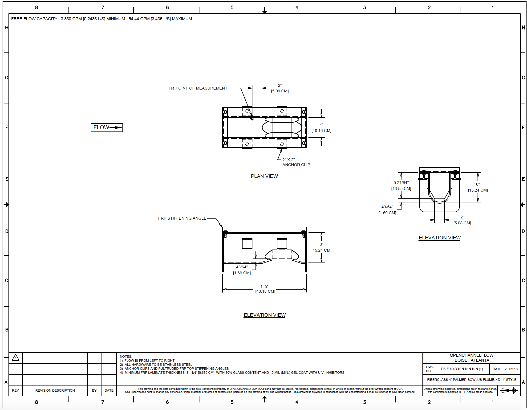 dimensional drawing of a fiberglass permanent style 4-inch Palmer-Bowlus Flume