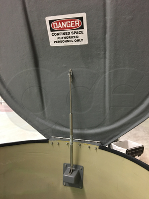 open domed top manhole showing gas strut and hinge