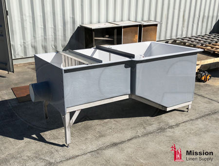 18-inch fiberglass H flume for use at a laundry mounted on a stainless steel support stand