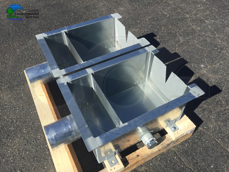 galvanized steel weir boxes with pipe stubs - underflow baffles - and free-spilling discharge