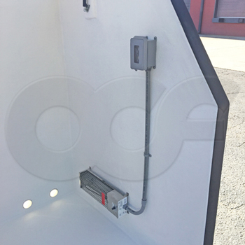 interior of a fiberglass Gemini sampler enclosure manufactured by Openchannelflow and mounting a heater - couplings - and gfci outlet