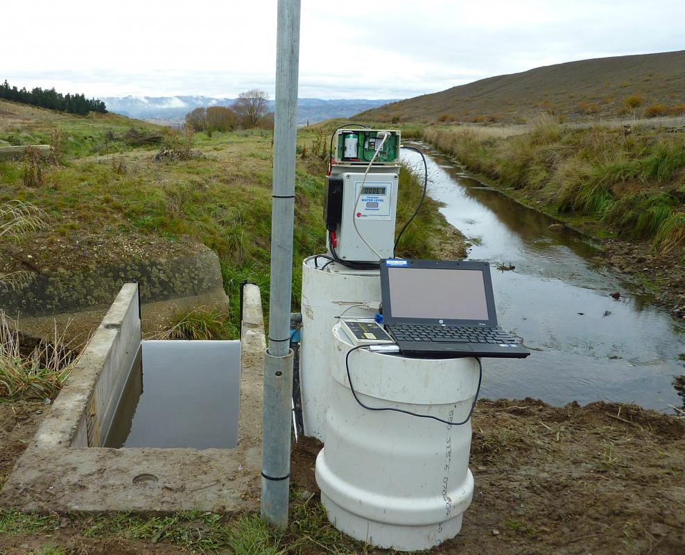 upstream view of weir installation to measure end-of-pipe flow discharge