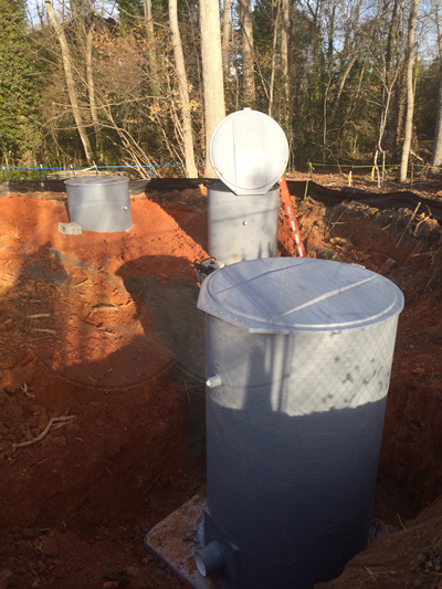 Fiberglass manholes during installation