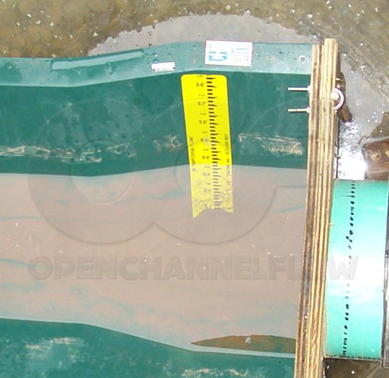 adhesive backed staff gauge coming off a Trapezoidal flume