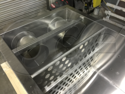 stainless steel weir box inlet with (2) pipe stubs and perforated baffle plate