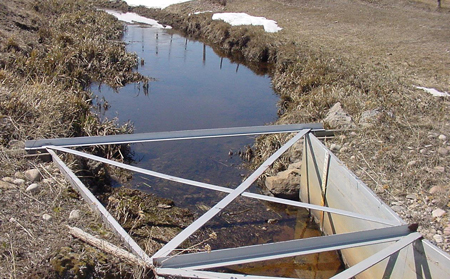 poorly maintained channel upstream of a Parshall Flume