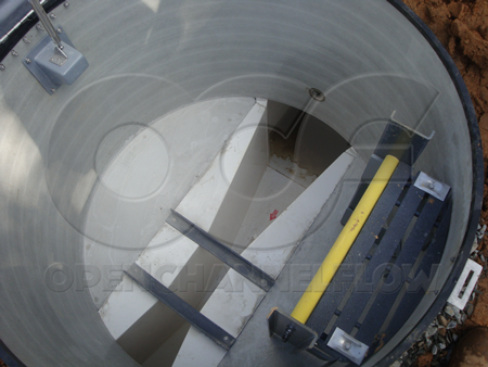 Concrete shoulder poured around a 6-inch Parshall flume in a Fiberglass Packaged Metering Manhole