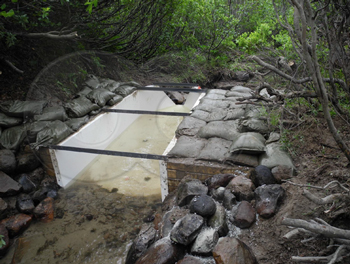 rail road tie used to direct flow into a h flume