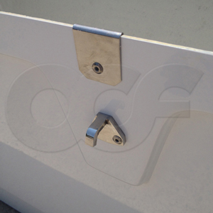 stainless steel draw down lockable hasp on an Openchannelflow Redstone Series 66 Fiberglass Equipment Enclosure