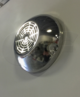 stainless steel cowl over a hybrid ventilator on an Openchannelflow fiberglass equipment shelter