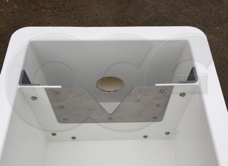 detail of a stainess steel v-notch weir plate bolted to a bulkhead in a fiberglass weir box