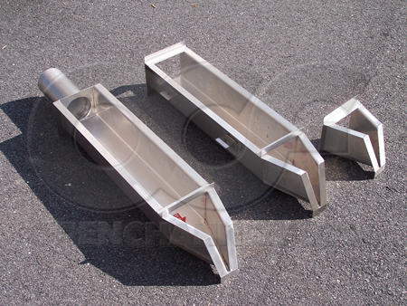 stainless steel hs flume with: approach section and pipe stub (left), approach section (center), and no accessories (right)