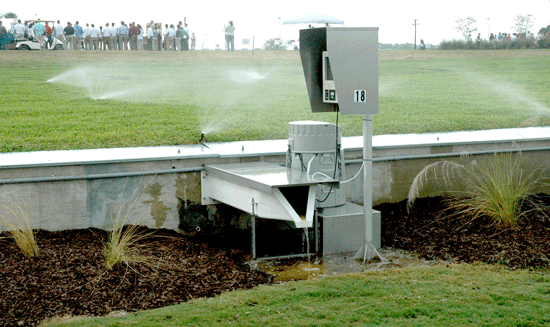 fiberglass (FRP) H-flume measuring experimental turf plot runoff with an ISCO 4230 bubbler flow meter and ISCO 6712 portable composite sampler