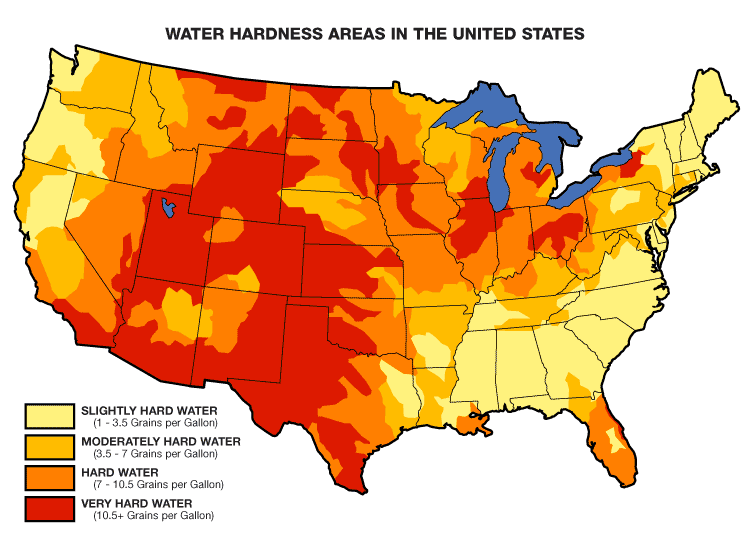 water hardness map for the United States to help determine lifespan of galvanized steel flumes