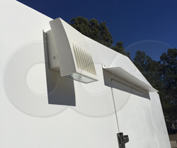 exterior LED light mounted on a single piece fiberglass shelter building