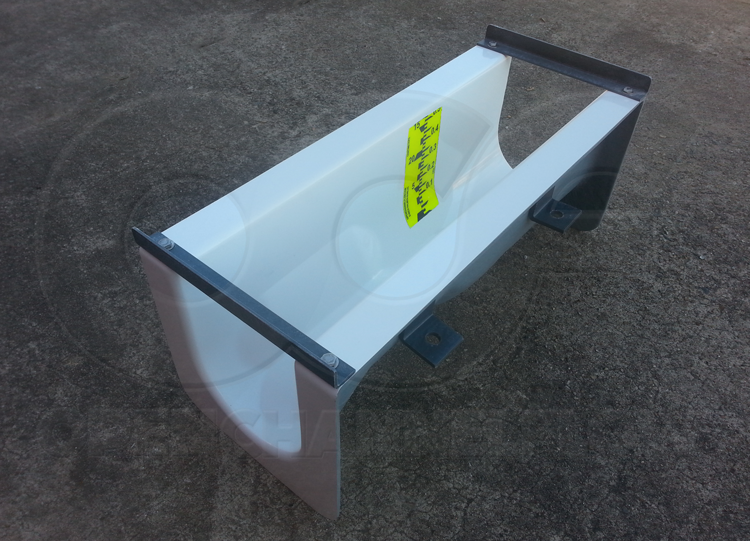 outlet view of fiberglass construction 6 inch palmer bowlus flume with staff gauge