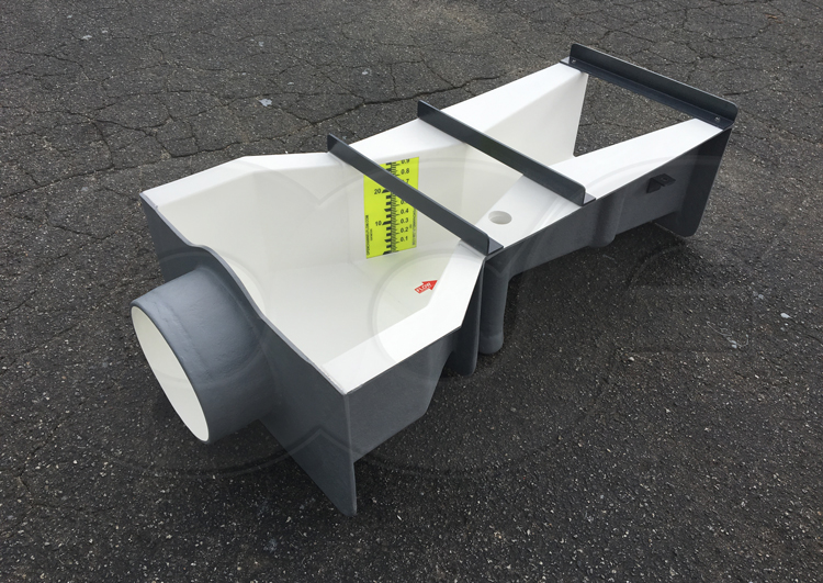 Cutthroat Flume with Inlet End Adapter pipe stub and staff gauge