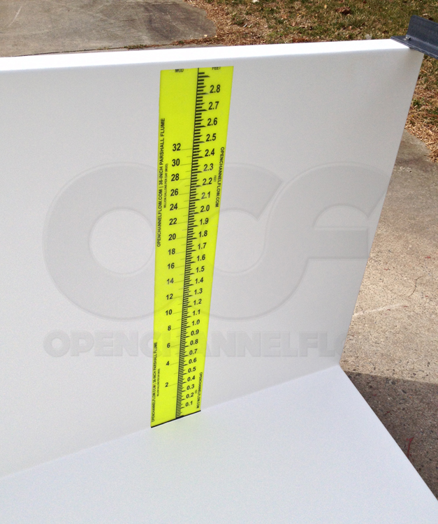 Staff gauge in a fiberglass Parshall flume