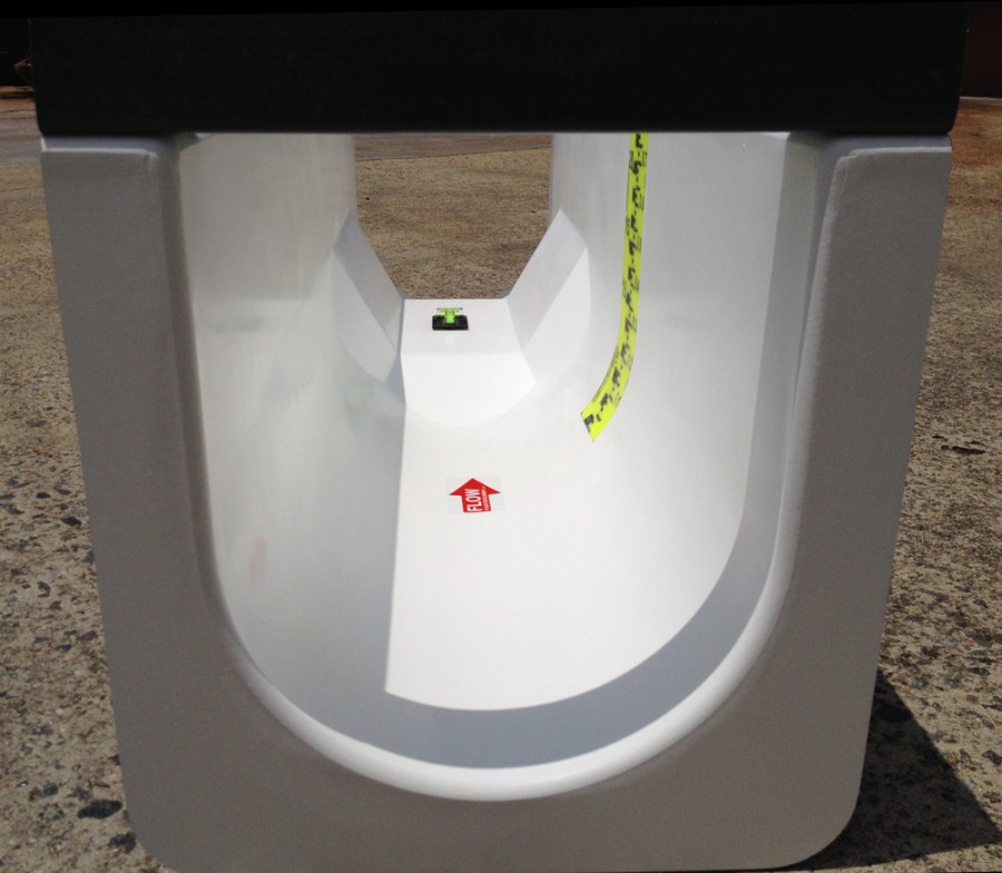 close-up view of staff gauge offset in a palmer bowlus flume