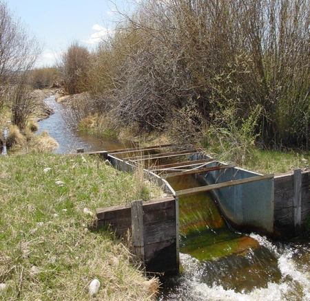 water spilling off the end of a Parshall Flume used for irrigation flows